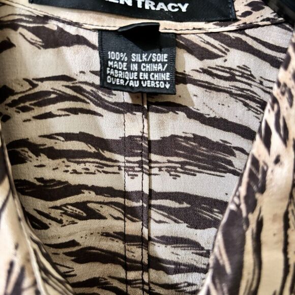 Ellen Tracy Shirt Dress 8 Multicolor Safari Silk Button Midi Roll Tab Sleeves - Picture 8 of 9